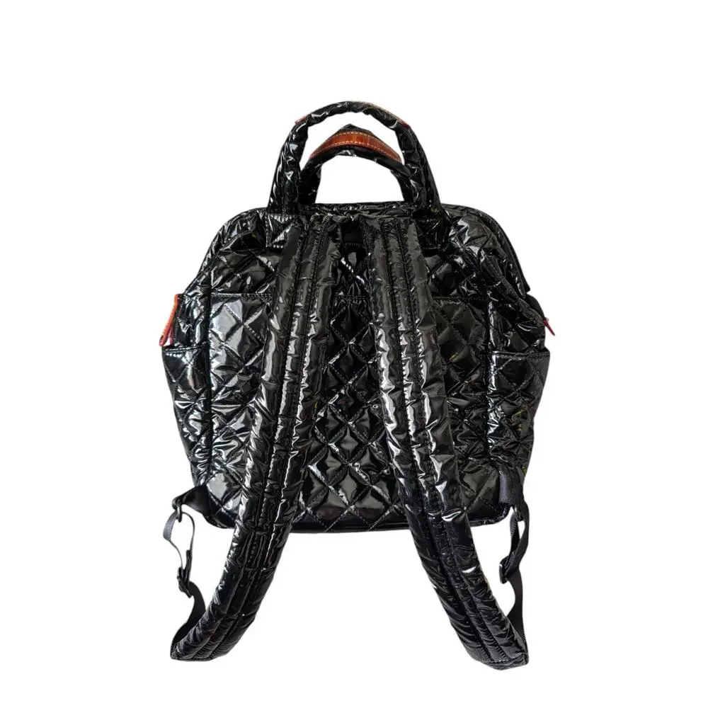 MZ Wallace Black Lacquer Quilted Metro Top Handle Patent Backpack Medium